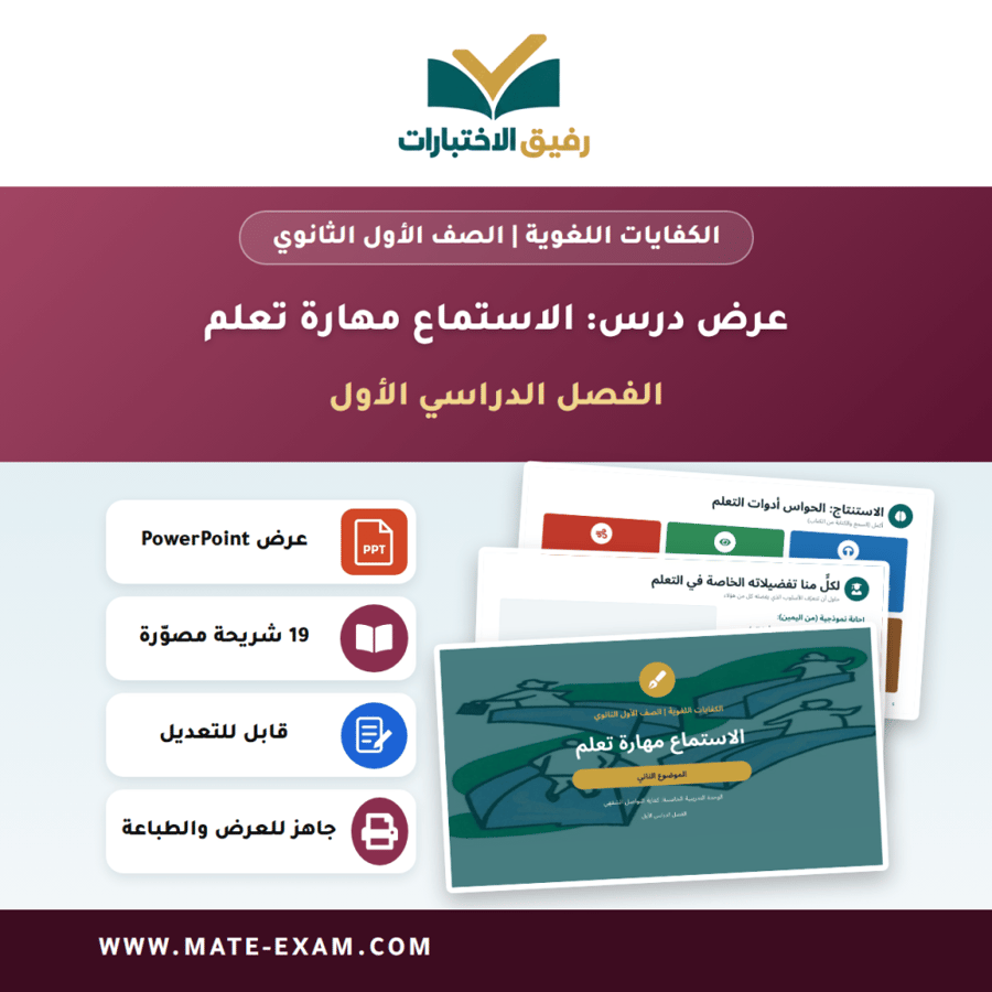 عرض درس الاستماع مهارة تعلم - الكفايات اللغوية الصف الأول الثانوي - الفصل الدراسي الأول