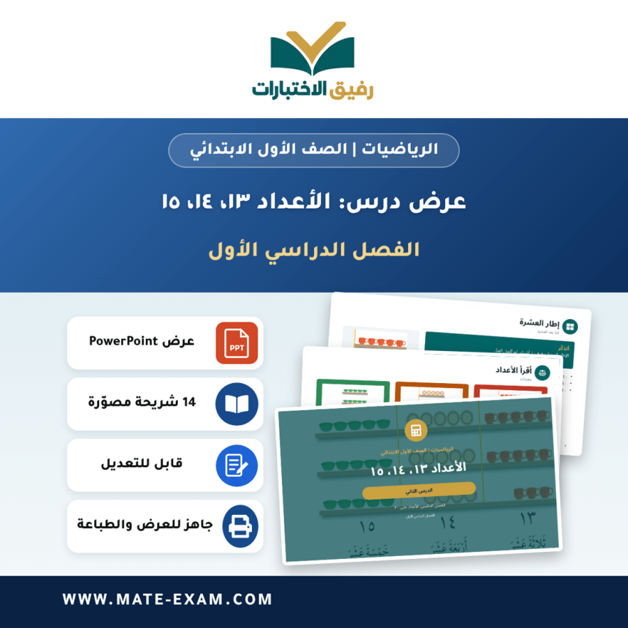 عرض درس الأعداد ١٣، ١٤، ١٥ - الرياضيات الصف الأول الابتدائي - الفصل الدراسي الأول