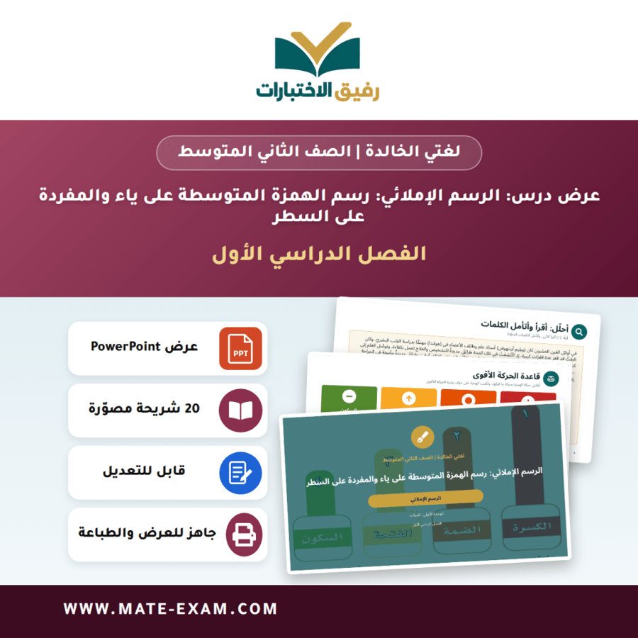 عرض درس الرسم الإملائي: رسم الهمزة المتوسطة على ياء والمفردة على السطر - لغتي الخالدة الصف الثاني المتوسط - الفصل الدراسي الأول