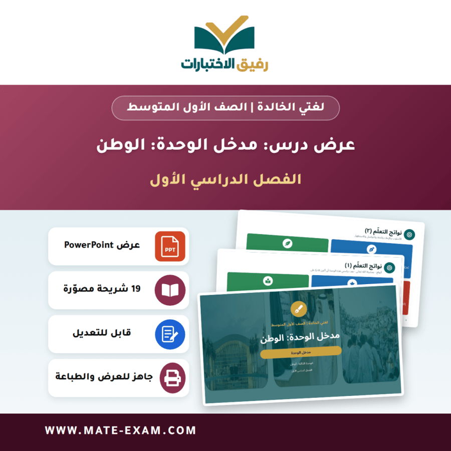 عرض درس مدخل الوحدة: الوطن - لغتي الخالدة الصف الأول المتوسط - الفصل الدراسي الأول