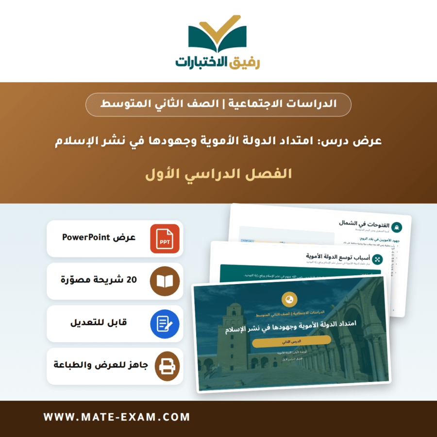 عرض درس امتداد الدولة الأموية وجهودها في نشر الإسلام - الدراسات الاجتماعية الصف الثاني المتوسط - الفصل الدراسي الأول