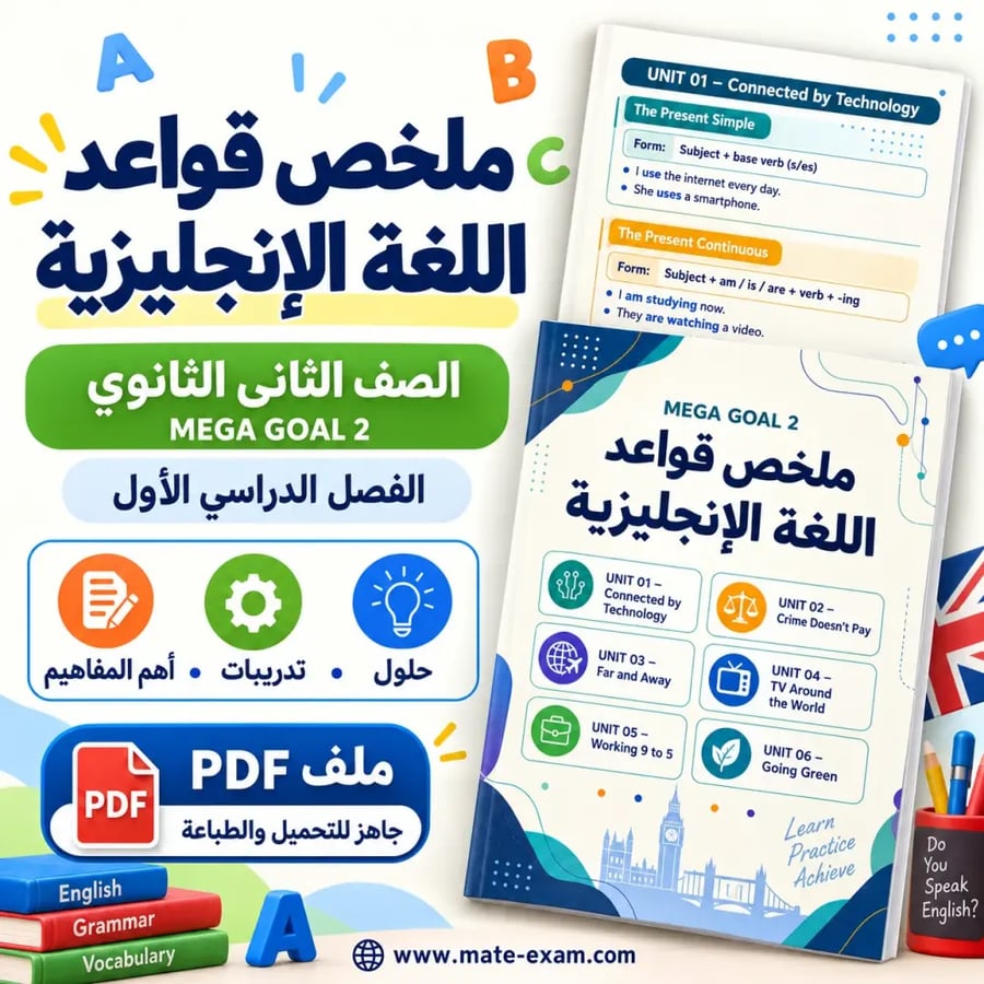 ملخص قواعد اللغة الإنجليزية Mega Goal 2 ثاني ثانوي الفصل الأول 1448 هـ