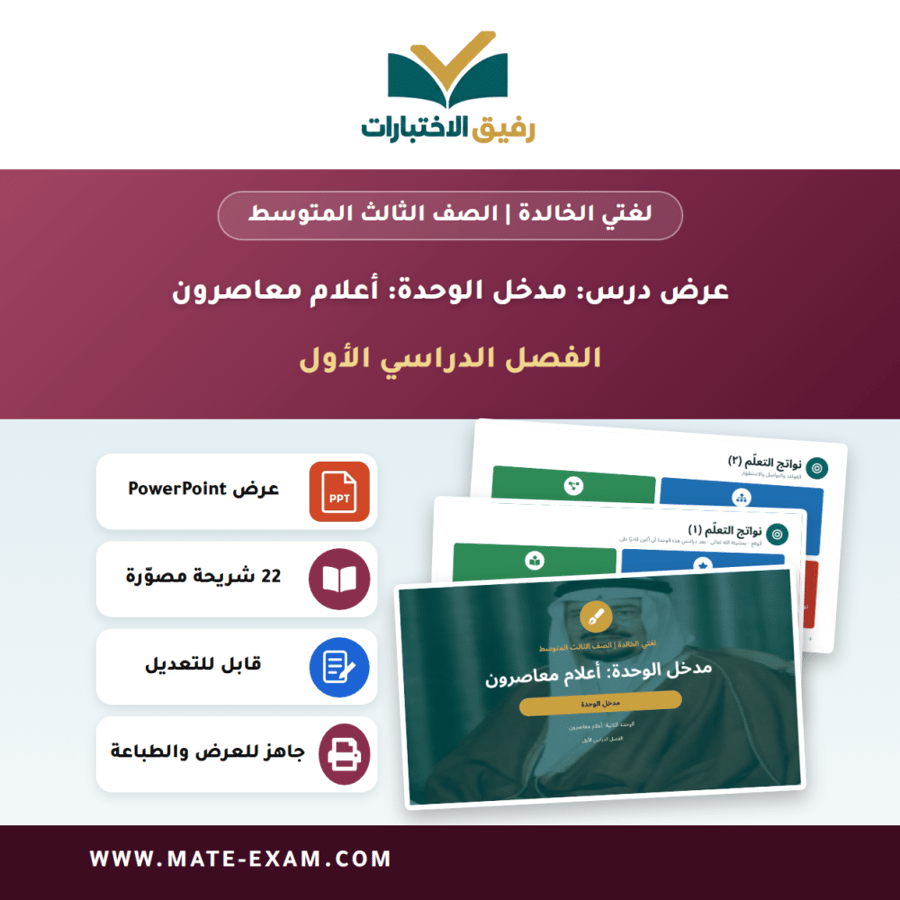 عرض درس مدخل الوحدة: أعلام معاصرون - لغتي الخالدة الصف الثالث المتوسط - الفصل الدراسي الأول