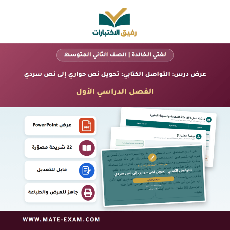 عرض درس التواصل الكتابي: تحويل نص حواري إلى نص سردي - لغتي الخالدة الصف الثاني المتوسط - الفصل الدراسي الأول