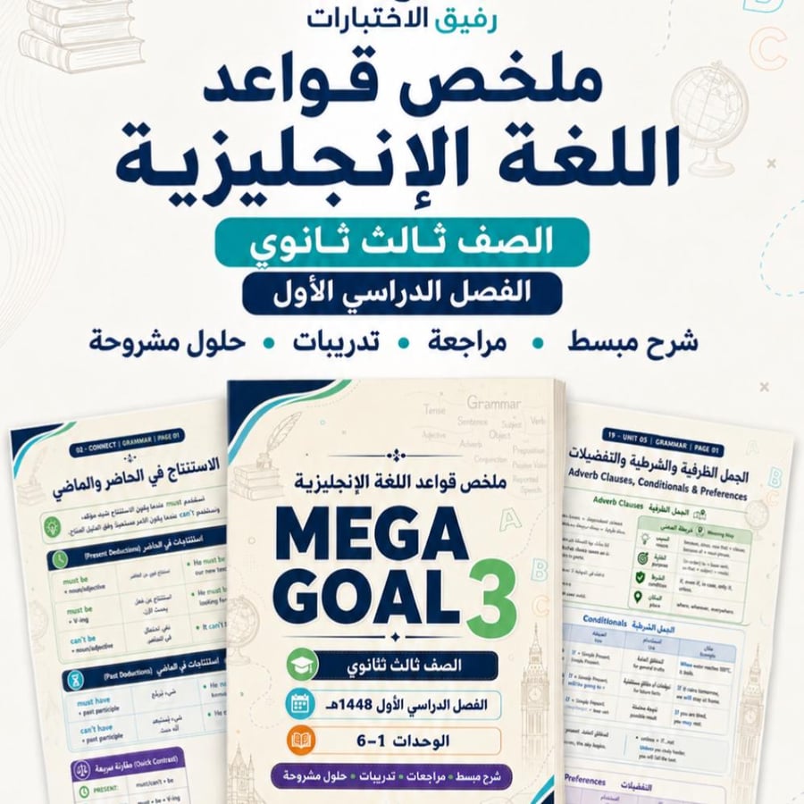 ملخص قواعد اللغة الإنجليزية Mega Goal 3 ثالث ثانوي الفصل الأول 1448 هـ