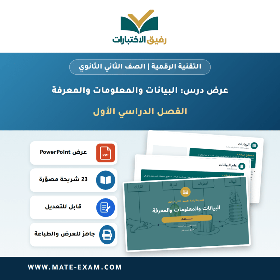 عرض درس البيانات والمعلومات والمعرفة - التقنية الرقمية الصف الثاني الثانوي - الفصل الدراسي الأول