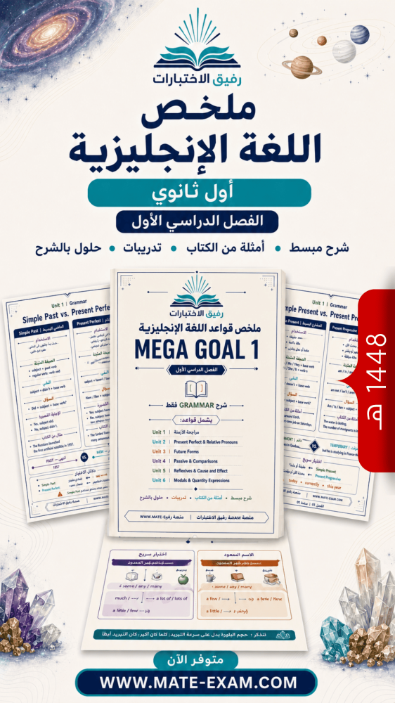 ملخص قواعد اللغة الإنجليزية Mega Goal 1 أول ثانوي الفصل الأول 1448 هـ