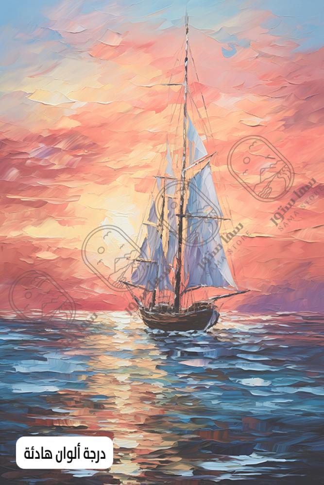 Wall panel with a sailing ship in strong sunset colors
