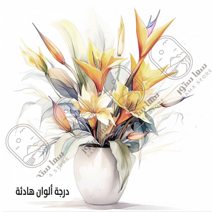 لوحة فنية زهور استوائية ملونة في مزهرية عصرية