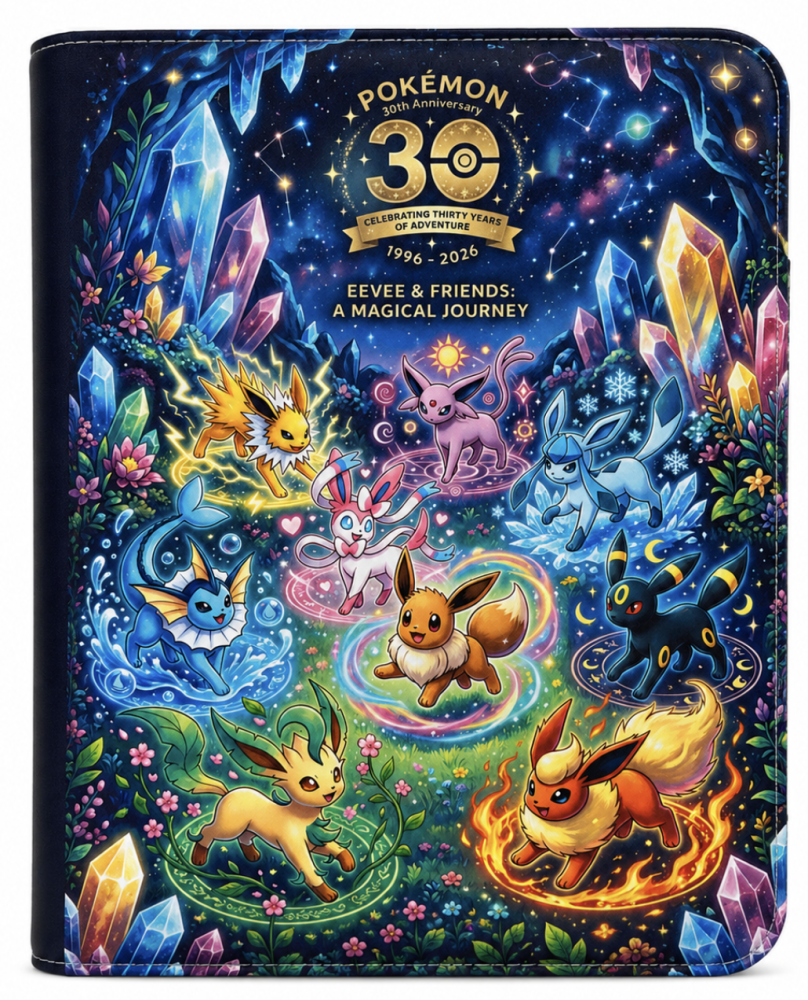 بوكيمون 30th Anniversary – مجلد بطاقات Top Loader بسحاب (9 خانات) بتصميم Mew وEevee Evolutions