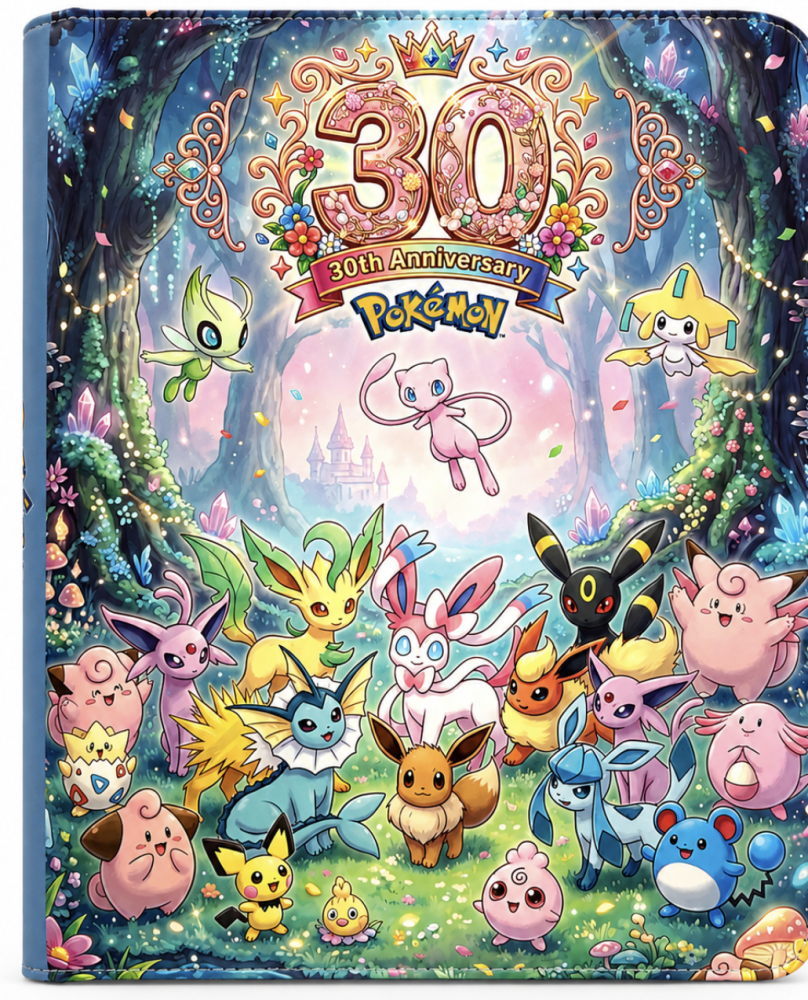 بوكيمون 30th Anniversary – مجلد بطاقات Top Loader بسحاب (9 خانات) بتصميم Mew وEevee Evolutions