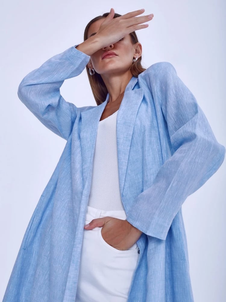 Clear sky blue, light, fresh Linen Suit-Inspired Abaya