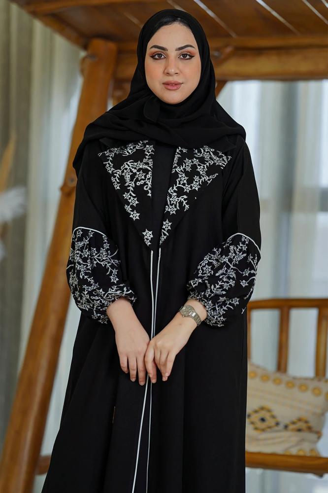 Hasnaa Abaya عباية بياقة انيقة وكم مزموم وتطريز ع الياقة والكم