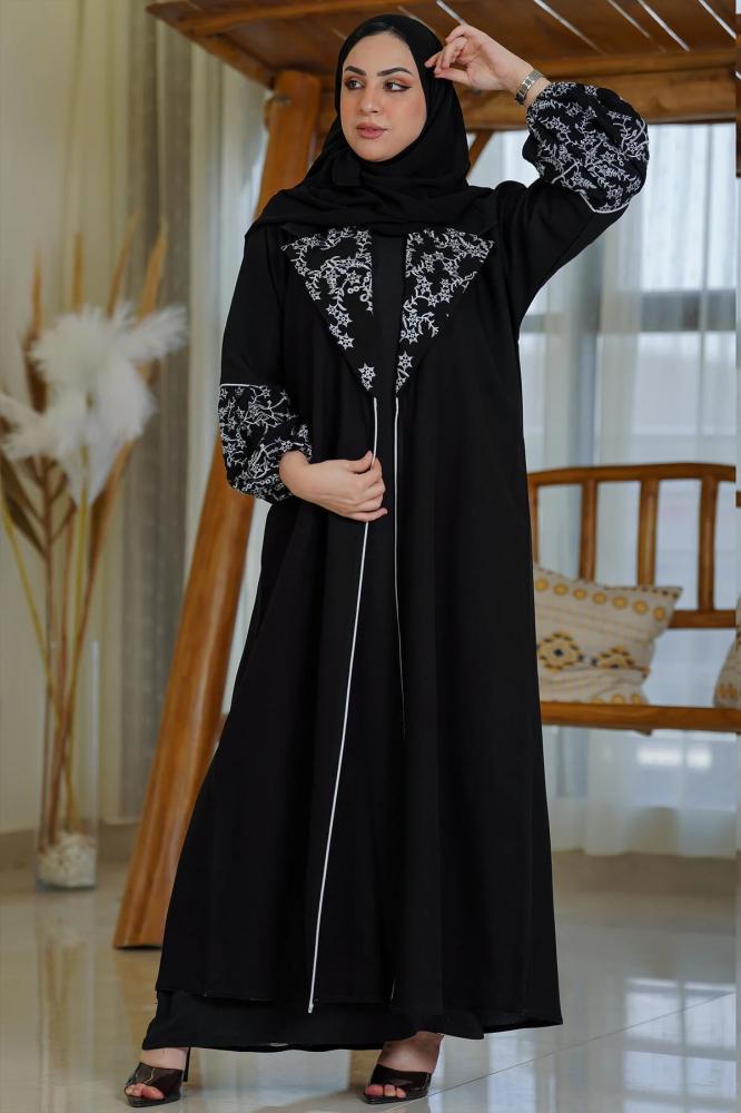 Hasnaa Abaya عباية بياقة انيقة وكم مزموم وتطريز ع الياقة والكم