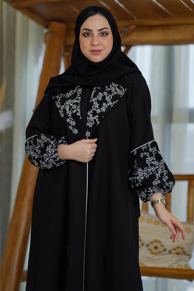 Hasnaa Abaya عباية بياقة انيقة وكم مزموم وتطريز ع الياقة والكم