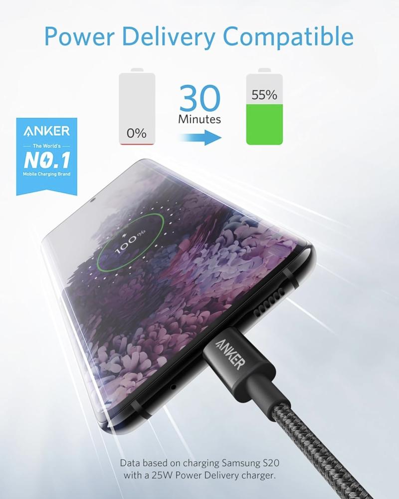 كيبل شحن أنكر USB-C إلى USB-C مضفر وسريع الشحن -بطول 1.8متر
