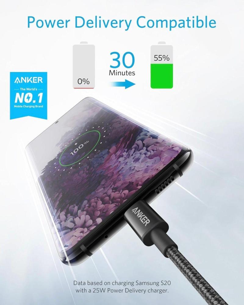 كيبل شحن أنكر USB-C إلى USB-C مضفر وسريع الشحن -بطول متر