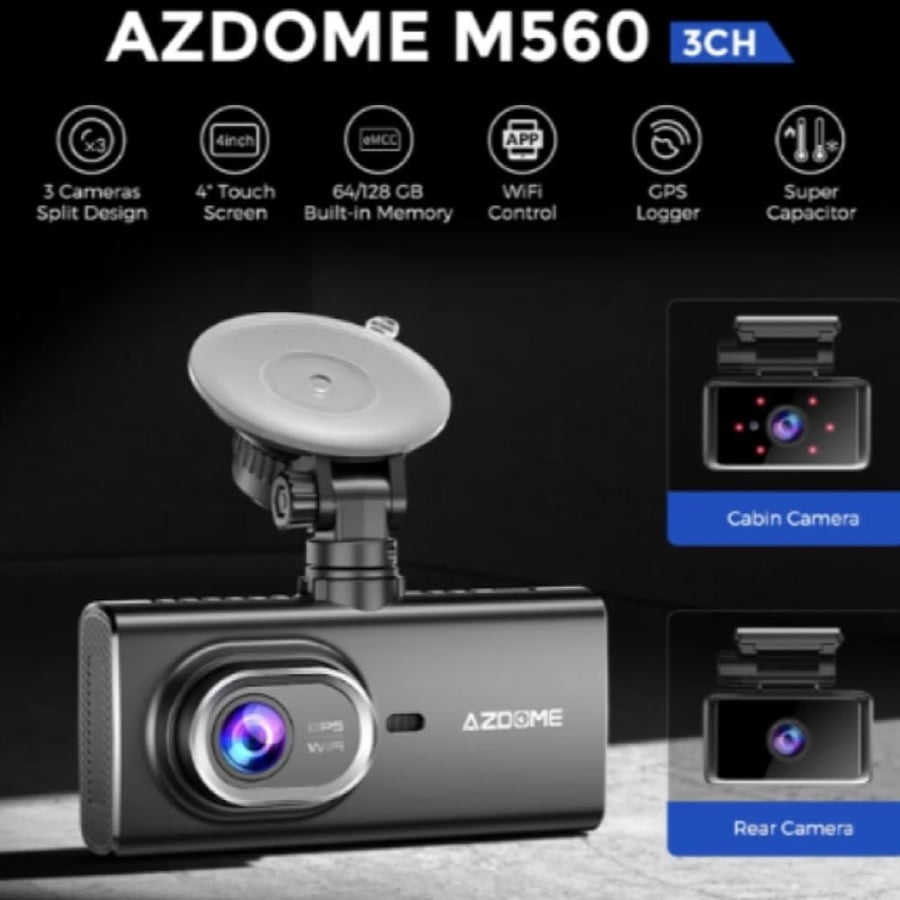 داش كام أزدوم بدقة 4K ثلاث قنوات أمامي وخلفي وداخلي M560 - أسود