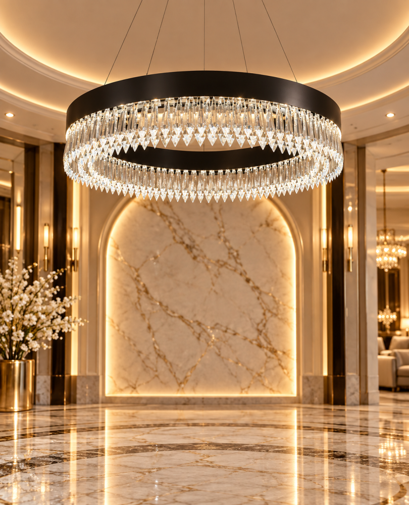ثريا قطر 80 سم إطار اسود كرستال شفاف