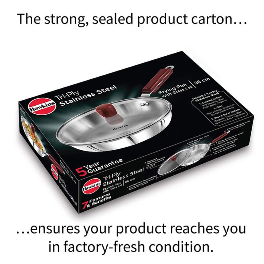 Hawkins 18/8 Stainless Steel Tri-Ply Frying Pan with Glass Lid - 26 CM | Induction & Gas Compatible | Made in India (2-Year Warranty)