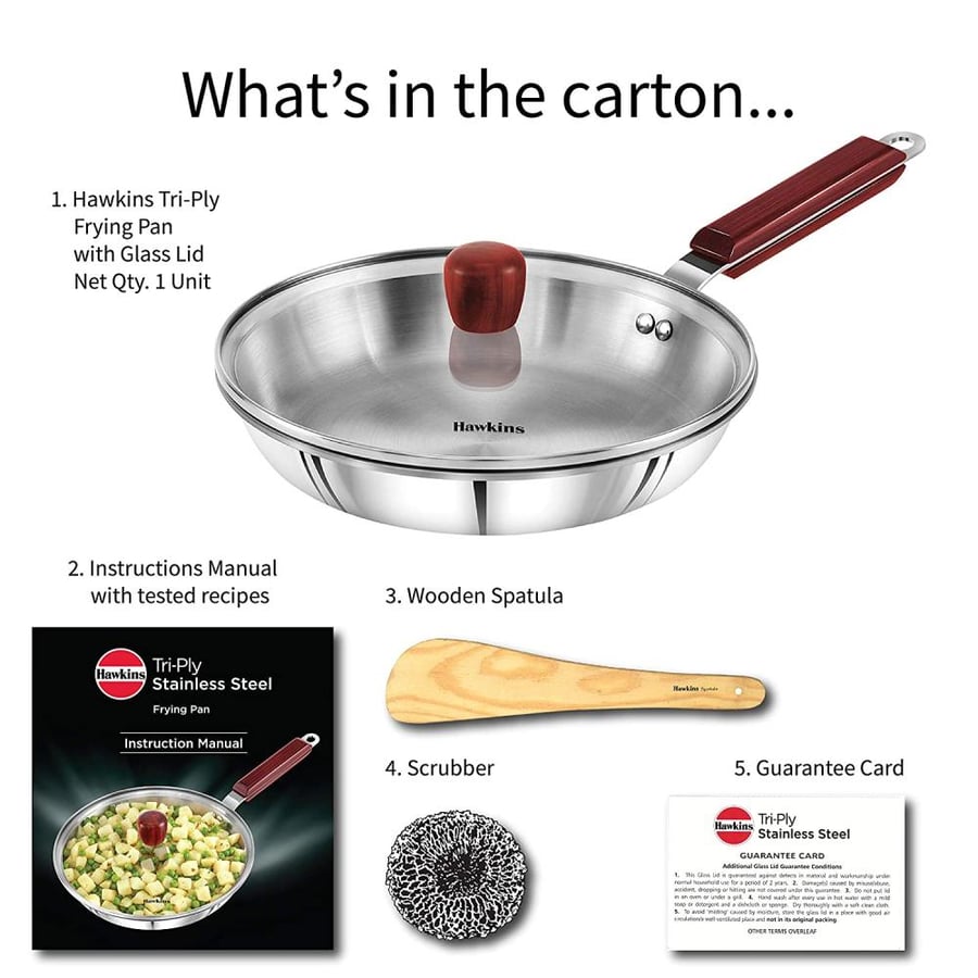 Hawkins 18/8 Stainless Steel Tri-Ply Frying Pan with Glass Lid - 26 CM | Induction & Gas Compatible | Made in India (2-Year Warranty)