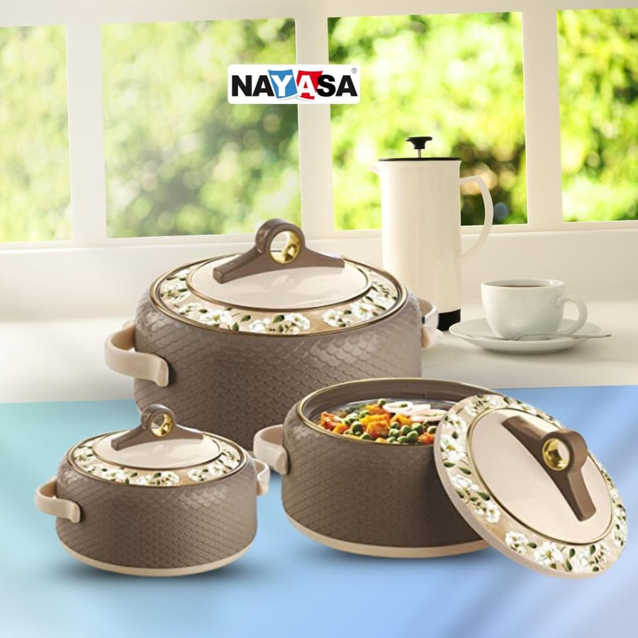 طقم طاجن ناياسا ديلوكس كورال المعزول، 4 قطع، سعة 500، 1000، 1500، 2000 مل - يحافظ على دفء الطعام حتى 8 ساعات | بني - صنع في الهند