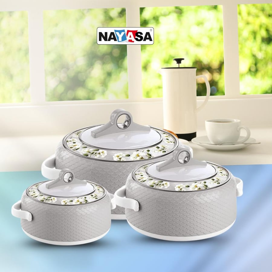 Nayasa Deluxe Coral Insulated Stainless steel inside Casserole set of 3 pcs1500,2500,3500 Milliliters Keeping food warm Up to 8 Hrs. Grey | Made in India