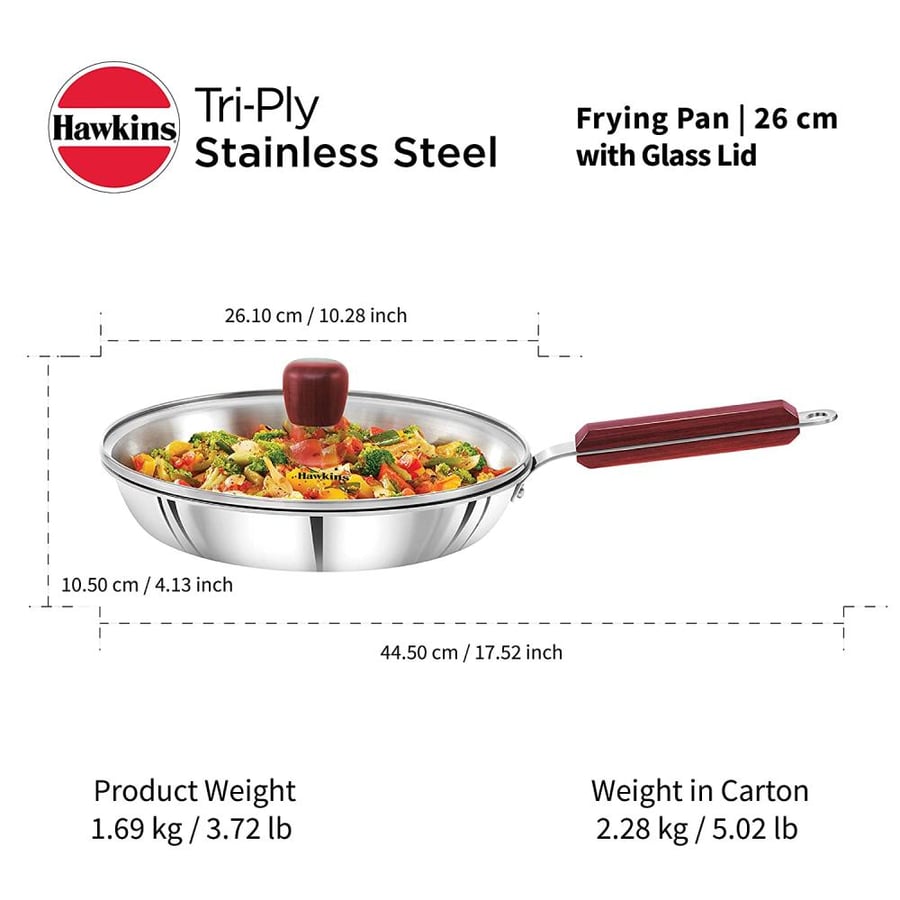 Hawkins 18/8 Stainless Steel Tri-Ply Frying Pan with Glass Lid - 26 CM | Induction & Gas Compatible | Made in India (2-Year Warranty)