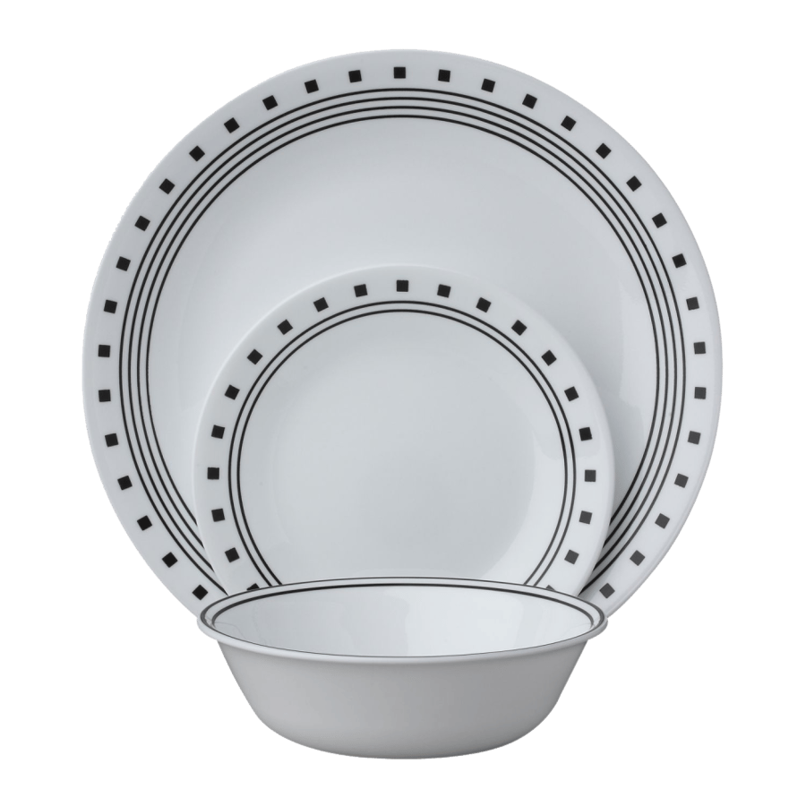 Corelle Living ware World's Best 3-Layer Glass Material Made (vitrelle) City Block Dinner Ware 18 Pieces Set For Serving 6 Person Blue And White | 6 Dinner Plate , 6 Dessert Plate , 6 Soup Bowl. Made In USA .