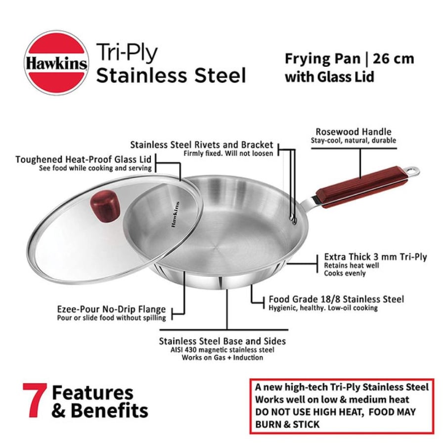 Hawkins 18/8 Stainless Steel Tri-Ply Frying Pan with Glass Lid - 26 CM | Induction & Gas Compatible | Made in India (2-Year Warranty)