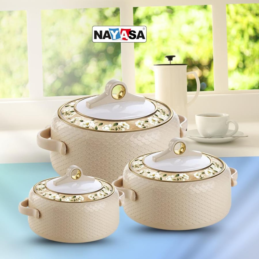 Nayasa Deluxe Coral Insulated Stainless steel inside Casserole set of 3 pcs1500,2500,3500 Milliliters Keeping food warm Up to 8 Hrs. Beige | Made in India