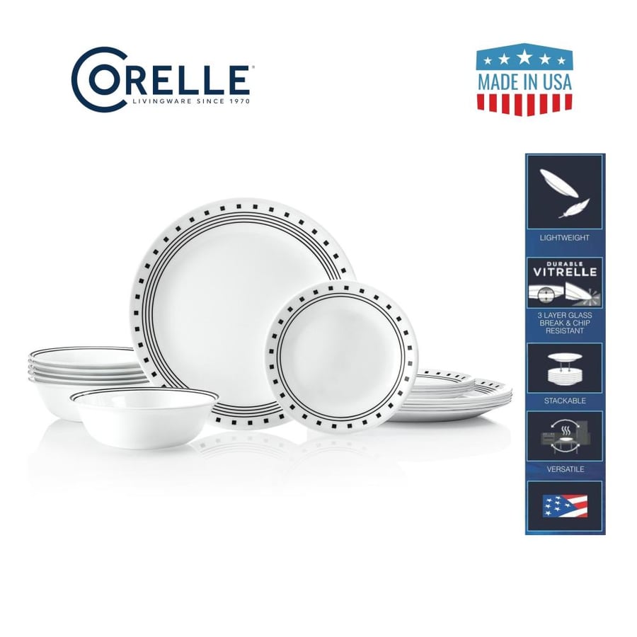 Corelle Living ware World's Best 3-Layer Glass Material Made (vitrelle) City Block Dinner Ware 18 Pieces Set For Serving 6 Person Blue And White | 6 Dinner Plate , 6 Dessert Plate , 6 Soup Bowl. Made In USA .