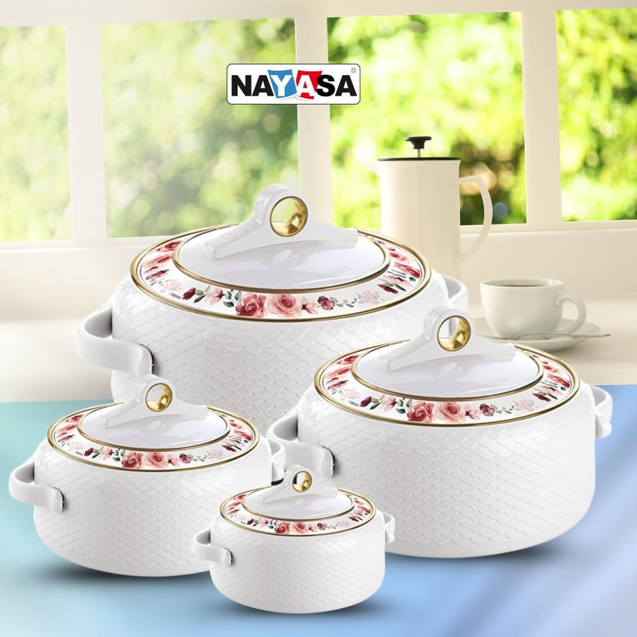 طقم طاجن ناياسا ديلوكس كورال المعزول، ٤ قطع، سعة ٥٠٠، ١٠٠٠، ١٥٠٠، ٢٠٠٠ مل - يحافظ على دفء الطعام حتى ٨ ساعات. أبيض | صنع في الهند