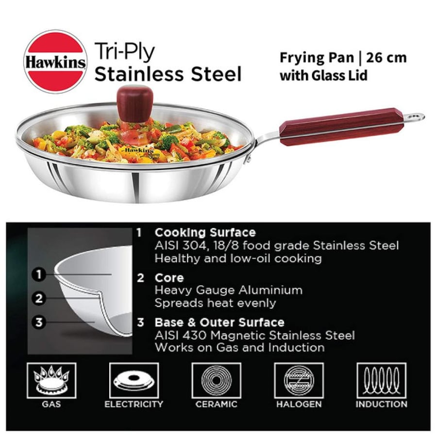 Hawkins 18/8 Stainless Steel Tri-Ply Frying Pan with Glass Lid - 26 CM | Induction & Gas Compatible | Made in India (2-Year Warranty)