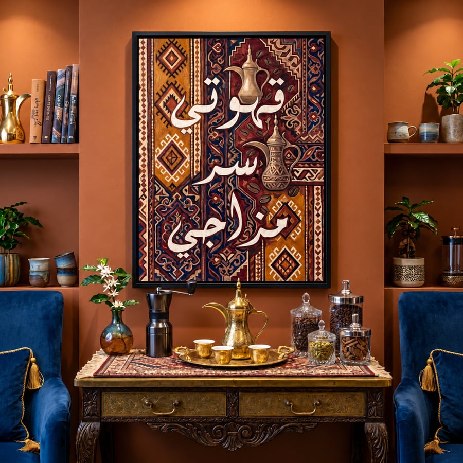 لوحة جدارية طولية عبارة قهوة وتراث عربي بطباعة كانفس