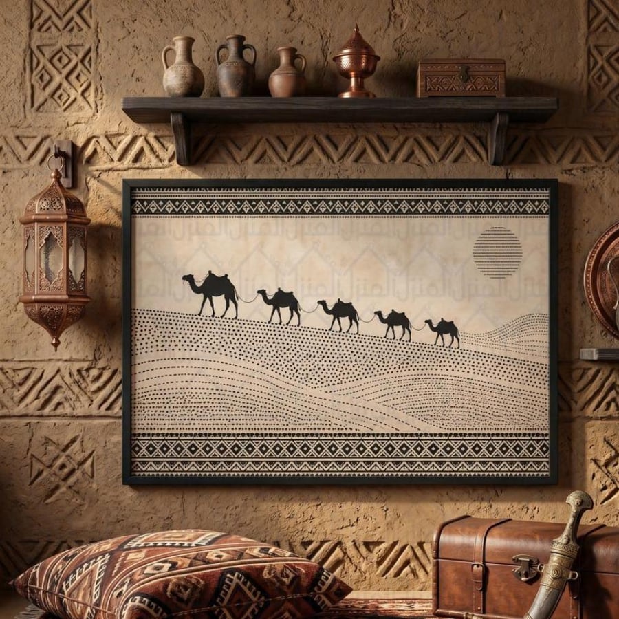 لوحة جدارية لوحة قافلة الجمال في الصحراء بطباعة كانفس