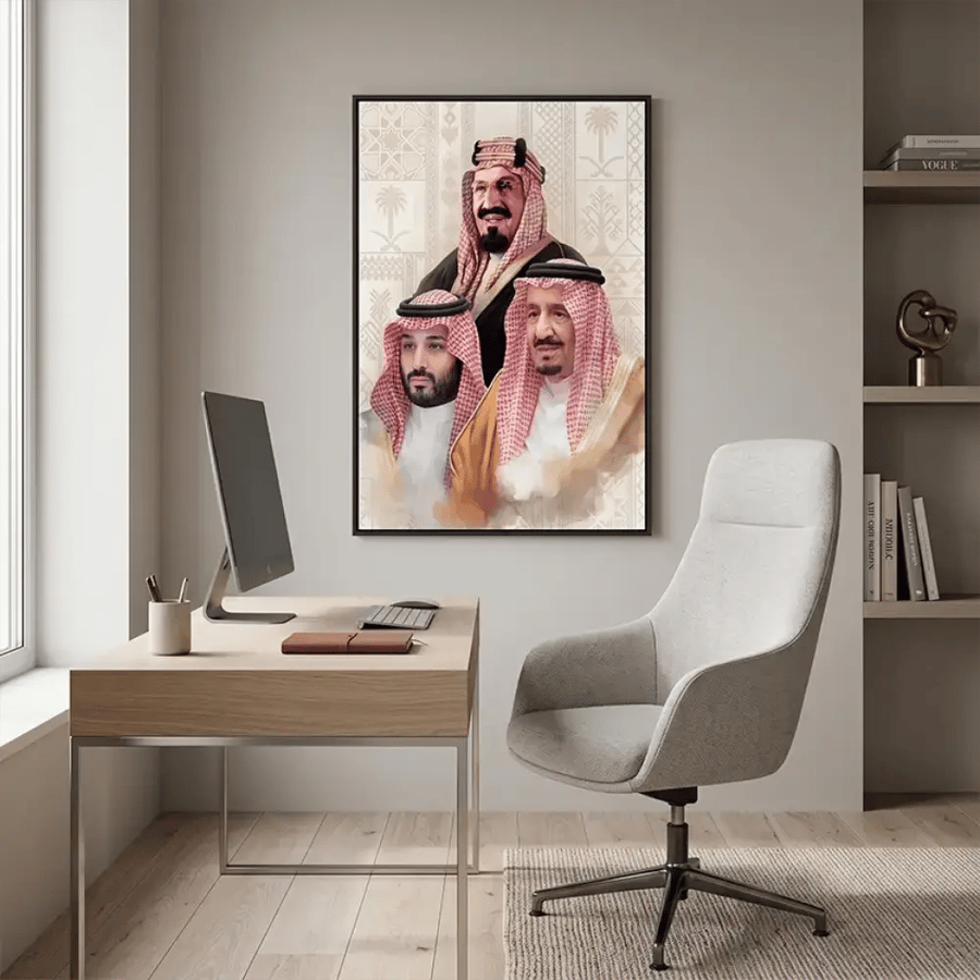 لوحة كانفس قادة المملكة - الملك عبد العزيز والملك سلمان وولي العهد