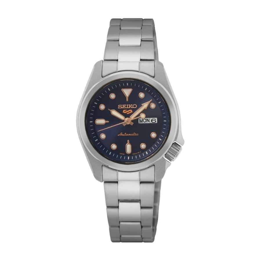 ساعة Seiko 5 Automatic نسائية بتصميم عصري وميناء كحلي فاخر 28 ملم