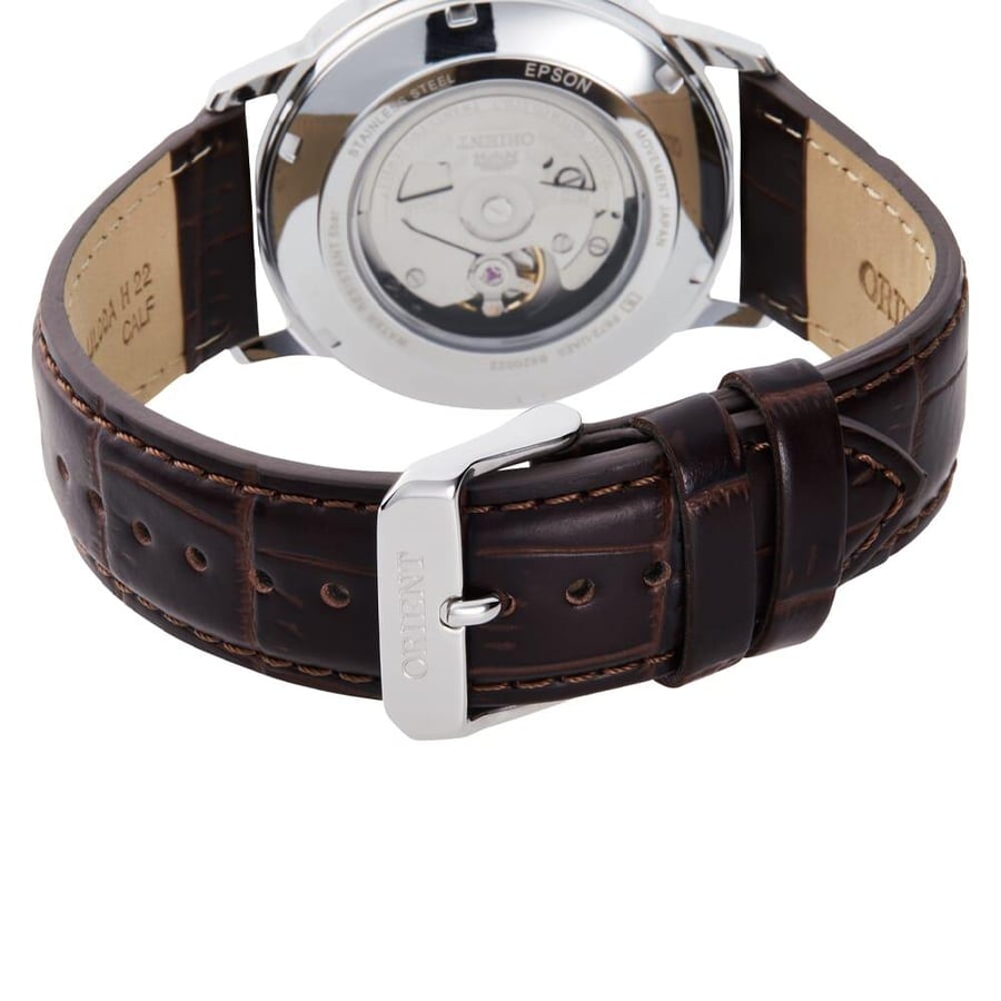 Orient RA-AC0F07S30B Classic Mens Watch Silver Dial Leather Strap 41