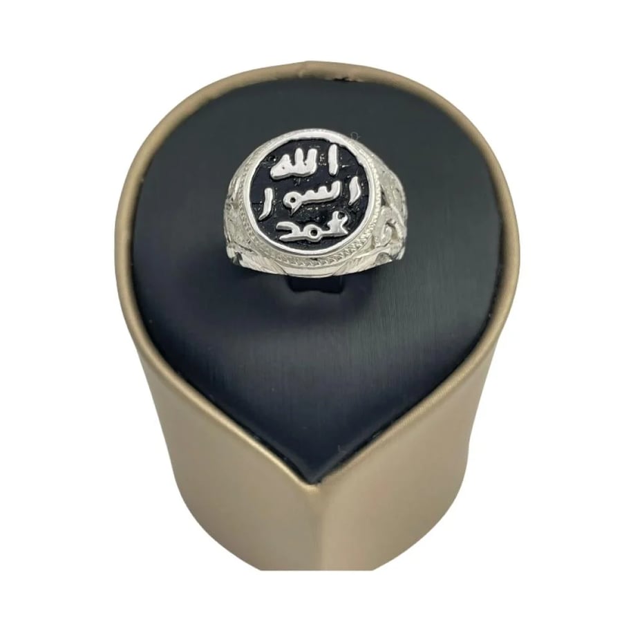 خاتم فضة 925 رجالي تصميم ختم بواجهة دائرية سوداء ونقوش محفورة فخمة