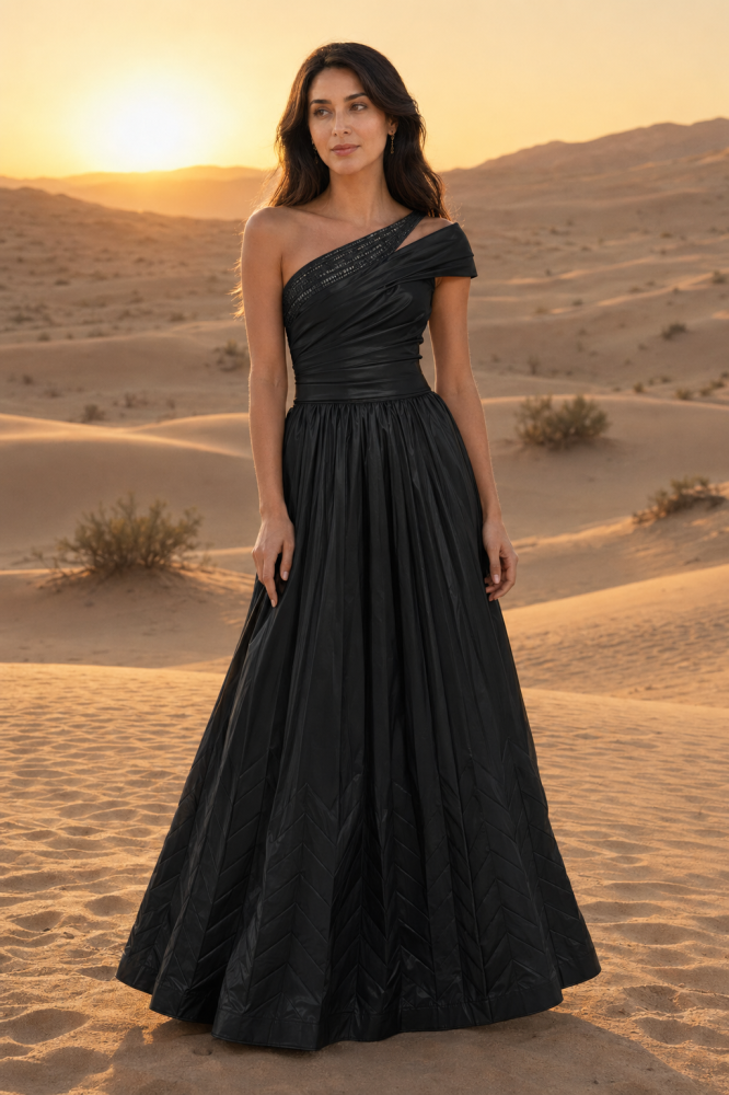 Black evening dress with a loose fit, one-shoulder, embroidered