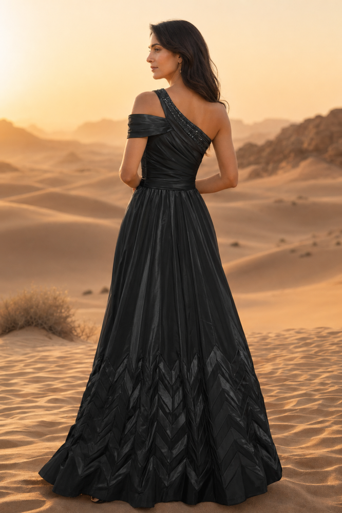 Black evening dress with a loose fit, one-shoulder, embroidered