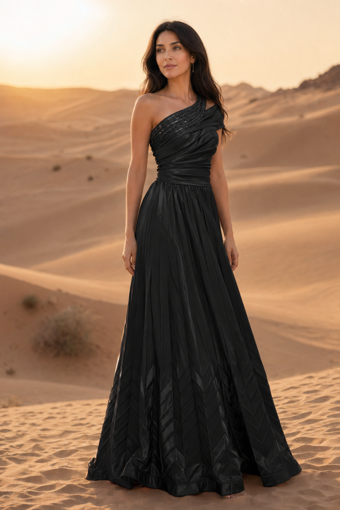 Black evening dress with a loose fit, one-shoulder, embroidered