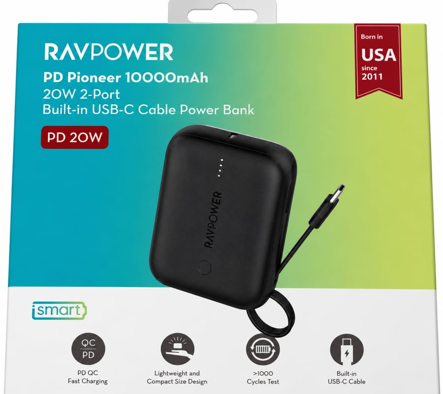 RAVPower-باور بانك PD Pioneer بسعة بسعة 10000 مللي أمبير وقوة 20 واط موديل RP-PB1224