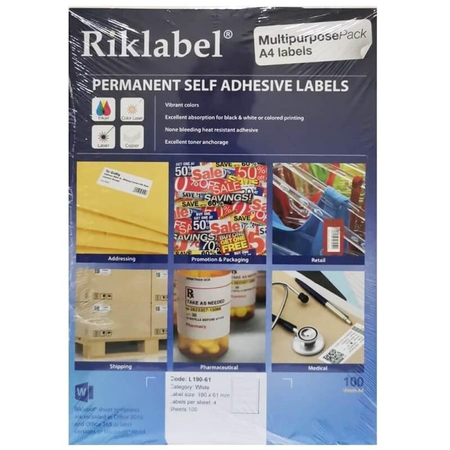Riklabel Permanent Self Adhesive Labels 190X61 mm