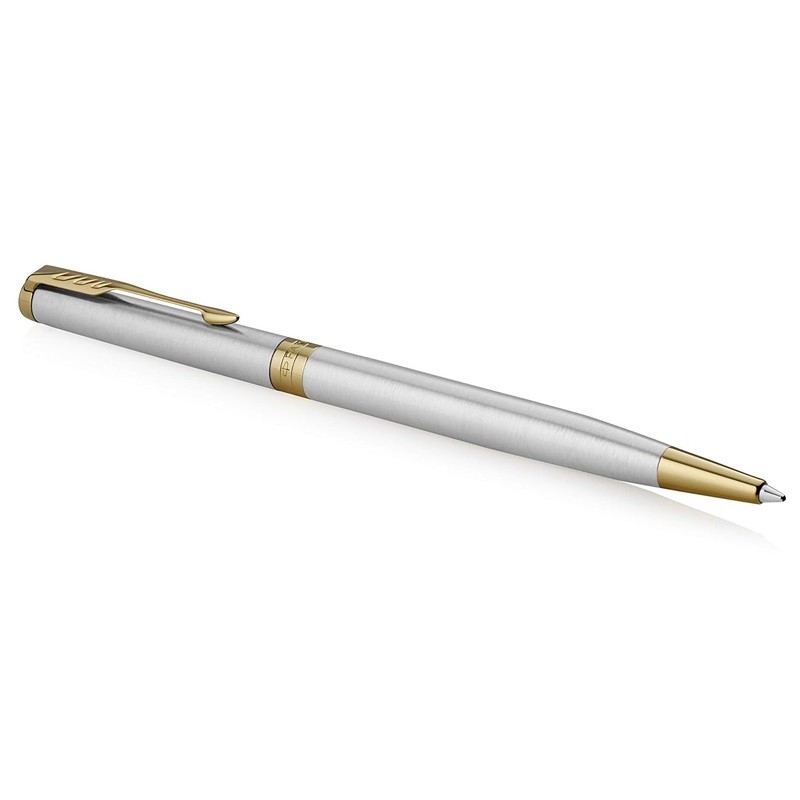 Parker Sonnet Ballpoint Pen Stainless steel cap and barrel accented by gold-finished clip and trim