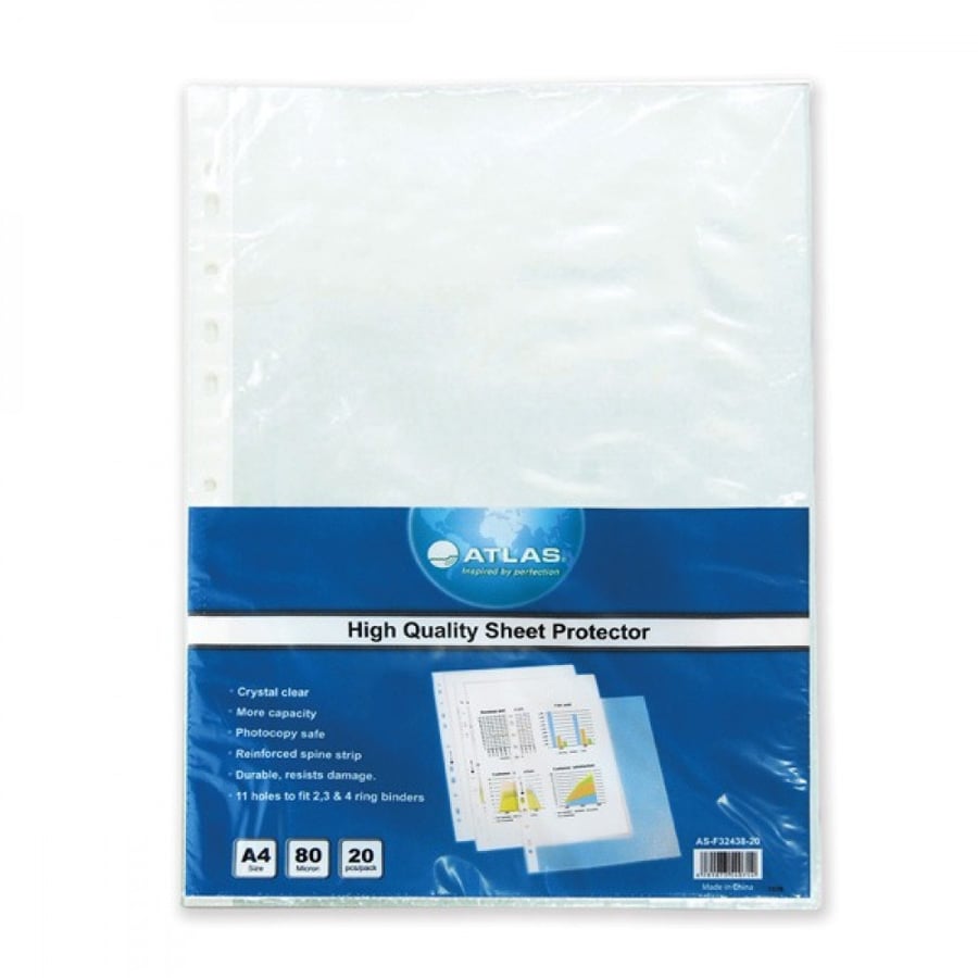 Atlas Punched Sheet Protector Transparent Clear with 11 holes PP A4 Pk=20pcs