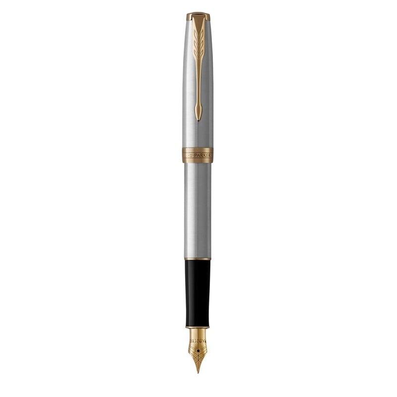 Parker Sonnet Fountain Pen Stainless steel cap and barrel accented by gold-finished clip and trim