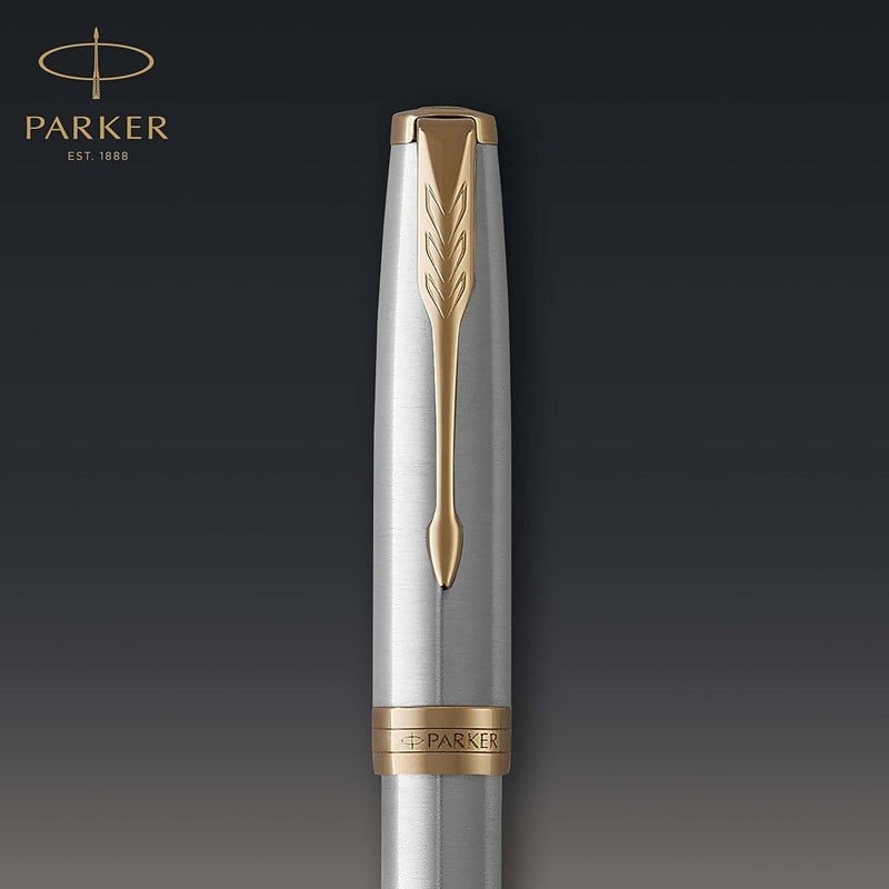 Parker Sonnet Fountain Pen Stainless steel cap and barrel accented by gold-finished clip and trim
