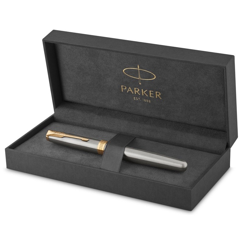Parker Sonnet Fountain Pen Stainless steel cap and barrel accented by gold-finished clip and trim